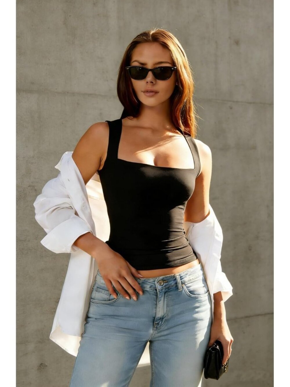 〽️Women's Black Sleeveless Square Neck Double Layer Fitted Stretch Basic Top! - Picture 6 of 6